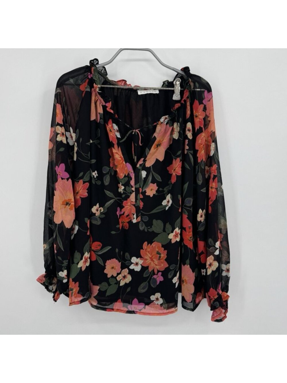 Karlie Black Floral Chiffon Blouse with Tie Neckline size L Large